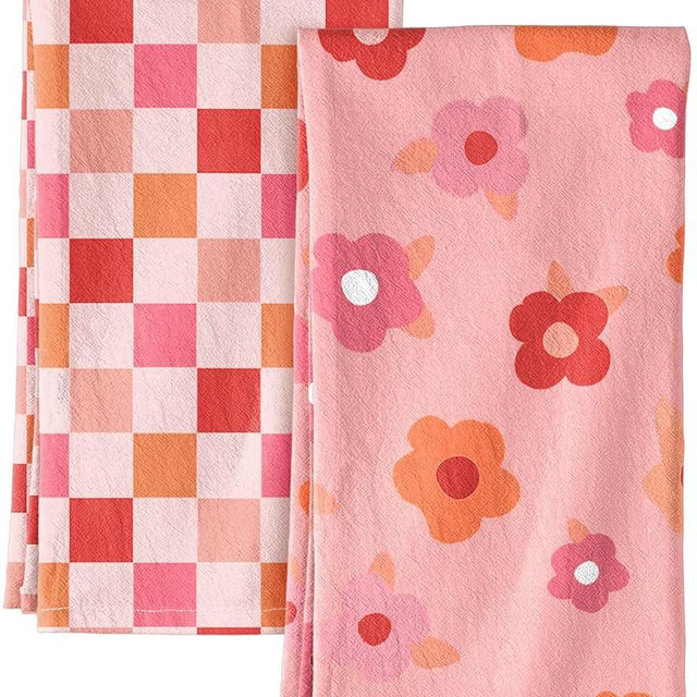 Miss Adola 2 Pack Flour Sack Kitchen Towels - 16x26 Inch Cotton Dish Towels with Hanging Loop Reusable Geometric Boho Modern Retro Tea Towel Absorbent Dishcloths Home Decor, PK Checkered Flower
