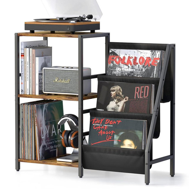 Record Player Stand with Vinyl Storage, Record Player Table with Record Storage 200 Albums, Turntable Stand with Record Holder Vinyl Display Shelf, Record Cabinet Media Stereo (One-side storage-Black)