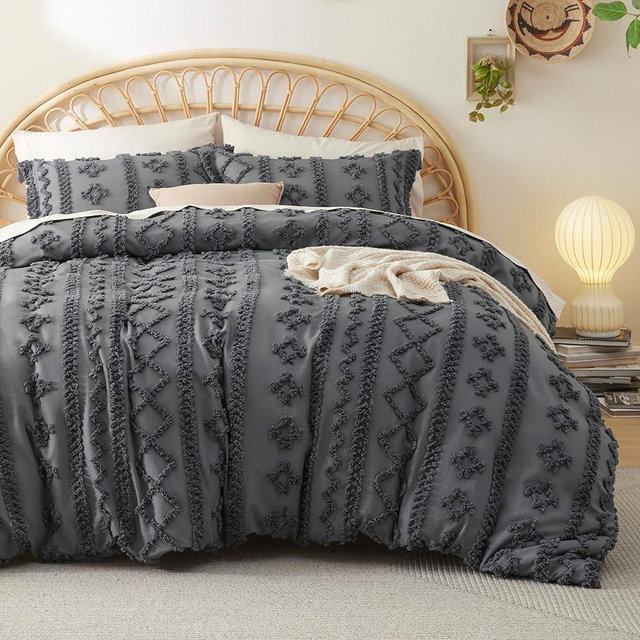 Bedsure Boho Duvet Cover King Size - Tufted Duvet Cover King Size for All Seasons, 3 Pieces Soft Shabby Chic Embroidery Boho Bedding Duvet Cover for Gifts (Dark Grey, King, 104x90)