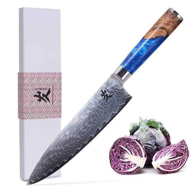 Damascus Chef Knife - 8 inch Japanese VG10 Gyuto Knife - Professional Sharp 67-Layer High Carbon Stainless Steel Kitchen knife - Ergonomic Blue Resin Wood Handle - Cooking Knife with Gift Box