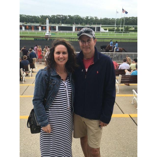At the horse races at Arlington International Racecourse.