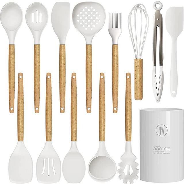 14 Pcs Silicone Cooking Utensils Kitchen Utensil Set - 446°F Heat Resistant,Turner Tongs, Spatula, Spoon, Brush, Whisk, Wooden Handle Kitchen Gadgets with Holder for Nonstick Cookware (BPA FREE) White