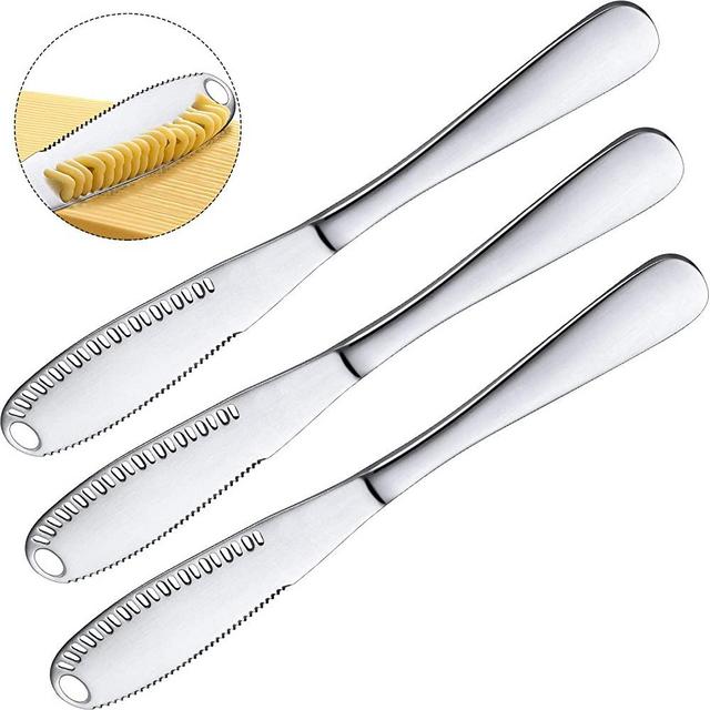 3 Pack Stainless Steel Butter Spreader Knife, 3 in 1 Kitchen Gadgets, Curler, Butter Grater, Multi-Function Butter Spreader and Grater with Serrated Edge, Shredding Vegetables Fruits