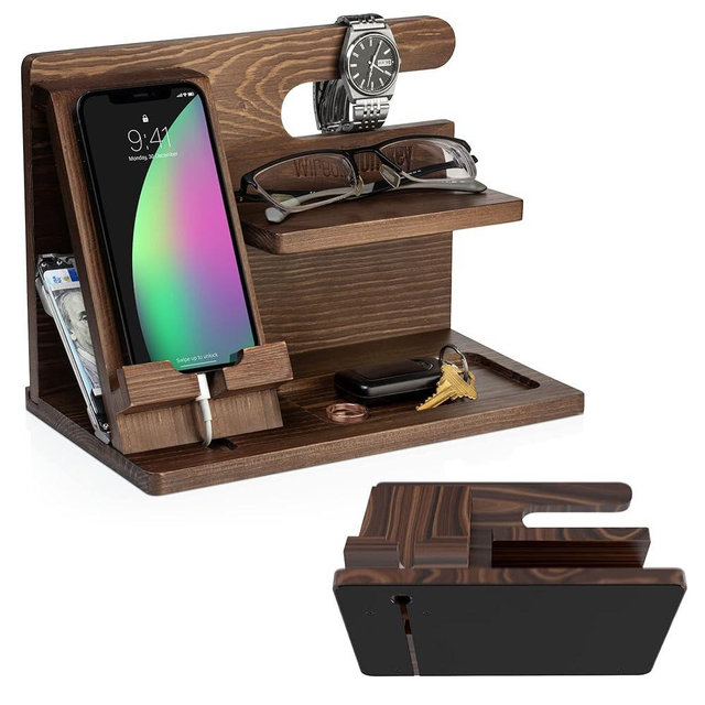 Nightstand Organizer For Men with Non-Slip Base - Premium Wood Phone Docking Station for Men - Wooden Docking Station Men - Hand Crafted Docking Station for Dad - Classy Mens Organizer Station