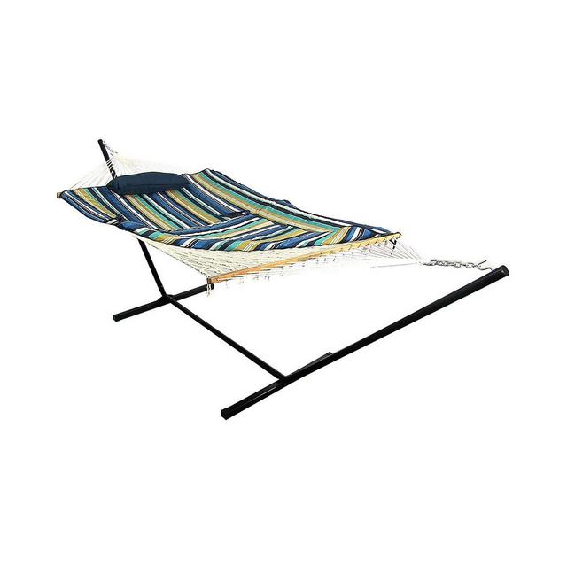 Sunnydaze Decor Cotton Rope Hammock with 12' Portable Steel Stand and Spreader Bar