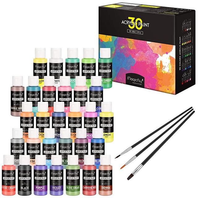 Magicfly 30 Colors Acrylic Paint Set (2fl oz/60ml Each), Non-Toxic Craft Paints with 3 Brushes, for Multi-Surface Paint on Canvas, Paper, Wood, Stone, Ceramic and Model