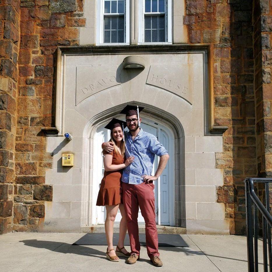 May 2021 - Celebrating our make-up graduation in front of our freshman year dorm, Dravo