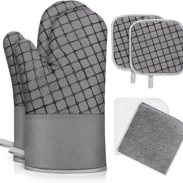 IXO 6Pcs Oven Mitts and Pot Holders, 500℉ Heat Resistant Oven Mitts with Kitchen Towels Soft Cotton Lining and Non-Slip Silicone Surface Safe for Baking, Cooking, BBQ(Grey)