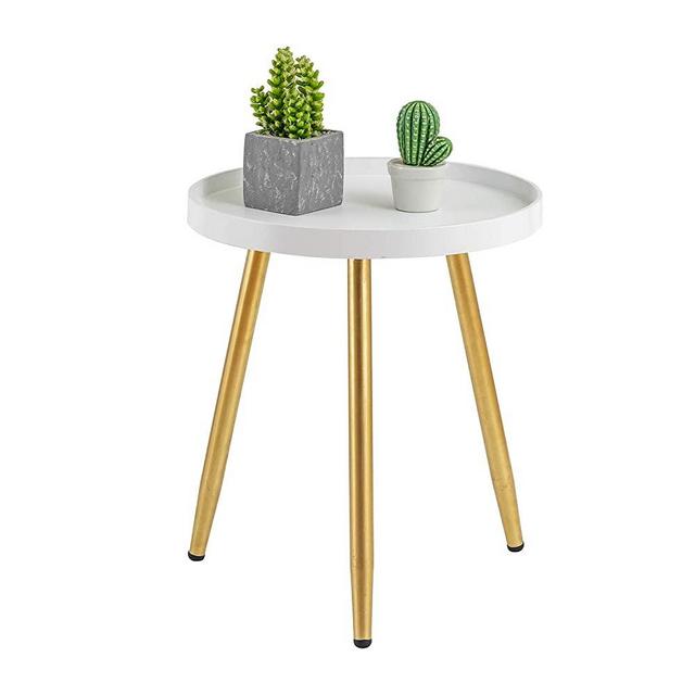 HuiDao Round Side Table Wooden Tray Table with Metal Tripod Stand Nightstand Coffee Table End Table for Living Room Bedroom Office Small Spaces, 18" H x 15”D (White & Gold)
