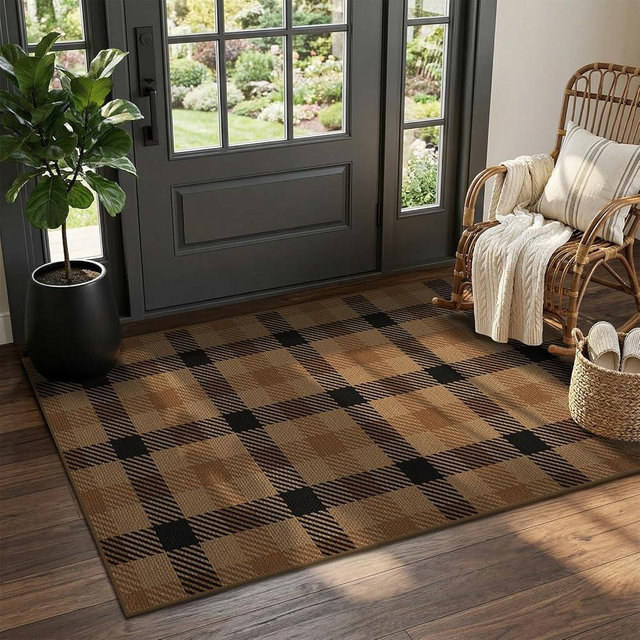 Easy Jute Brown Checkered 3x5 Entryway Rugs - Dark Plaid Rug Indoor Door Mats for Entrance, Front Porch, Outdoor Balcony, Kitchen Floor, Washable Non Slip Earthy Rustic Neutral Décor