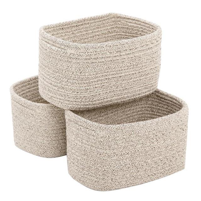 R RUNKA Small Cotton Rope Storage Basket Set of 3-11"x7"x7" Perfect Woven Baskets for Storage, Ideal Storage Baskets for Organizing Toys, Towels, and More - Baskets for Shelves and Home Decor（Beige）