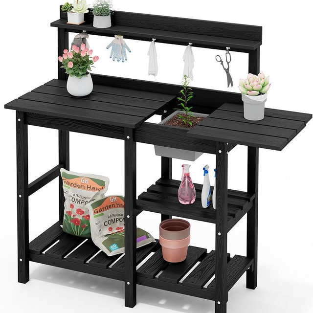 SERWALL Potting Bench Outdoor Potting Table with Sink, HDPE Potting Benches for Outside Gardening Table All Weather Use- Black