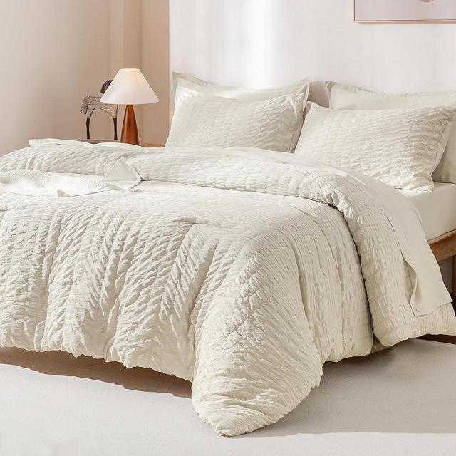 AveLom Beige Comforter King Size Set with Sheets - 7 Pieces Bed in a Bag Seersucker Complete Bedding Set, All Season Lightweight Bed Set with Comforter, Sheets, Pillowcases & Shams