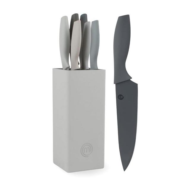 MasterChef Knife Block Set of 6 Kitchen Knives, Extra Sharp Stainless Steel Blades for Professional Cutting with Non Stick Coating & Soft Touch Easy Grip Handles in a Universal Holder, Earth Greys