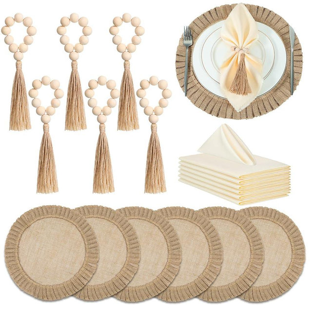 Gejoy 18 Pcs Round Burlap Placemats Wood Bead Napkin Rings with Dinner Napkins Cloth, Jute Placemats Heat Resistant Placemats Boho Wooden Rings for Plates Wedding Dining Table