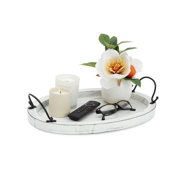 Farmlyn Creek Rustic Oval Wood Serving Tray for Coffee Table with Handle, Home Decor Centerpiece, White, 16 x 11 x 2 In