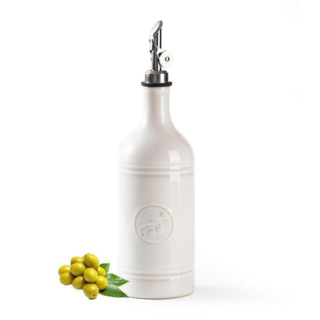 MIKIGEY 18 oz Ceramic Olive Oil Bottle Dispenser for Kitchen, Large Capacity Oli and Vinegar Cruet with Stainless Steel Spout, Oil Container, Pack of 1, Off-White