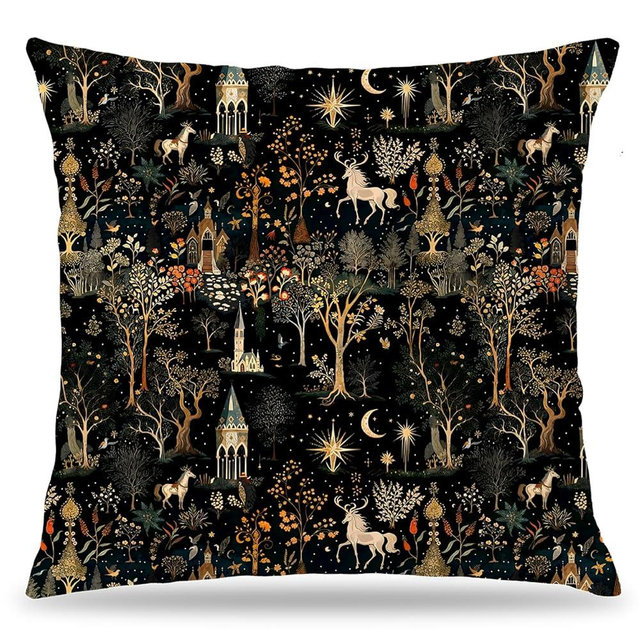 LUKIPOM Medieval Dark Gothic Forest Pillow Covers 18x18 Double-Sided, Cottagecore Room Home Decor, Boho Witchy Celestial Whimsical Forest Horse Castle Botanical Decorative Throw Pillow Covers