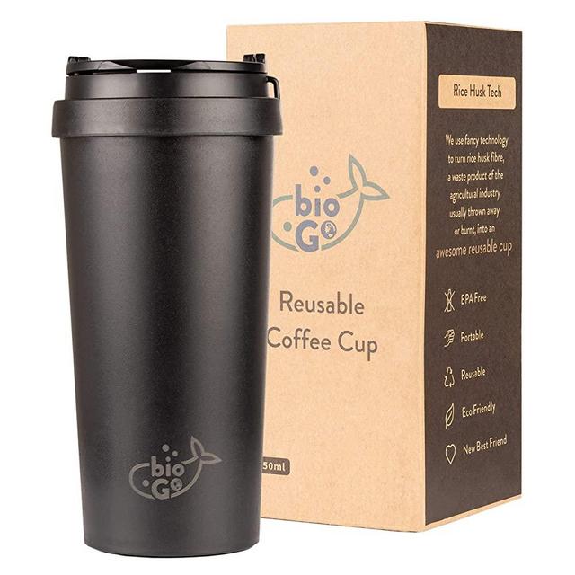 bioGo Cup, Rice Husk Fibre, BPA-Free, Double Wall Insulation Reusable Coffee Cups, On-The-Go Travel Mug, Screw Tight Lid, Textured Grip, Ultra Lightweight (Midnight Black, 16oz)