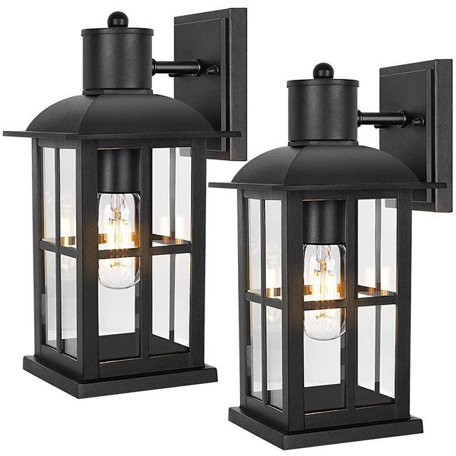 2-Pack Outdoor Wall Lanterns, Exterior Waterproof Wall Sconce Light Fixtures with Clear Glass Shade, 100% Aluminum Anti-Rust Matte Black Porch Lights, E26 Wall Mounted Lamps for Garage Doorway Hallway