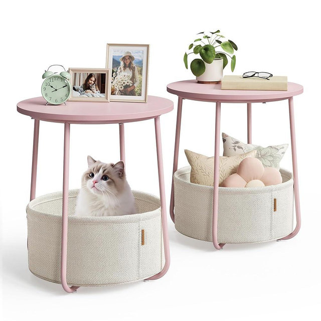 VASAGLE Nightstands, Set of 2 Bedside Tables with Fabric Basket, Small Round Side Tables, End Tables, for Bedroom, Jelly Pink and Cream White ULCT668R01