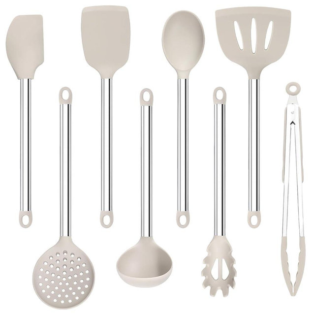 8 Pieces Kitchen Utensils Set, Vayvnt Heat Resistant Silicone Cooking Utensils Set for Non-Stick Cookware, Stainless Steel Handle, Kitchen Gadgets Includes Large Spatula Tongs, Dishwasher Safe, Khaki