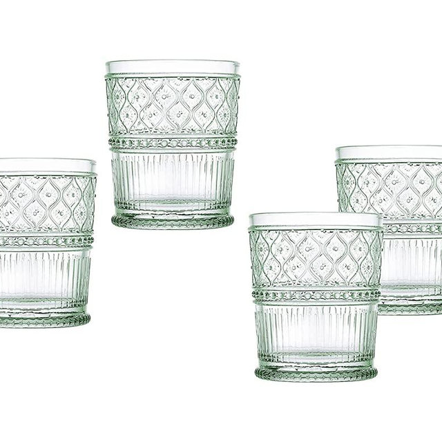 Godinger Old Fashioned Whiskey Glasses, Drinking Glasses, Vintage Decor, Glass Cups, Water Glasses, Cocktail Glasses - Claro Collection, 12oz, Green, Set of 4