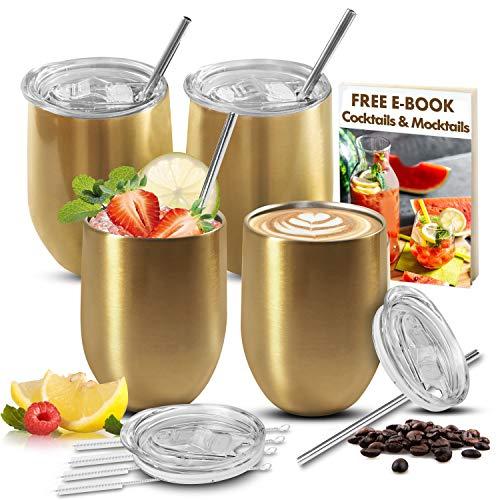 LOADEDSPOON stainless steel wine tumbler set stemless with lid and straws gold 4 pack, FREE e-book, stainless steel wine glasses, leak proof, coffee, cocktails, camping, gift, travel, unbreakable