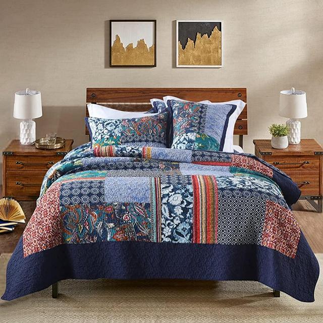 100% Cotton Bedspread Quilt Set Queen Size, Patchwork Quilt Blue Bohemian Floral Pattern with Real Stitch Embroidery, 3 Piece Pre-Washed Reversible Bedding Cover for All Season