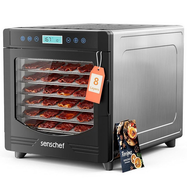 SENSCHEF Food Dehydrator for Jerky, 8 Stainless Steel Trays, 50% More Space in Same Size, 600W Power & 167°F for Healthier Jerky & Pet Treats, Full Kit for Yogurt, Fruit & More, 1-Year Warranty