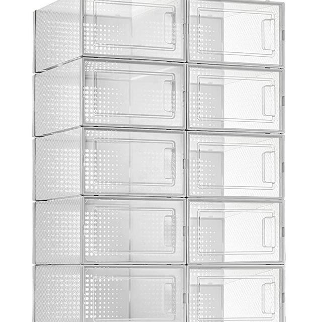 10 Pack Shoe Storage Boxes, Clear Plastic Stackable Shoe Organizer Bins, Drawer Type Front Opening Sneaker Shoe Holder Containers