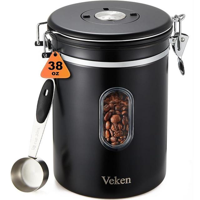 Veken Coffee Canister with Window, Airtight Stainless Steel Kitchen Food Storage Container with Date Tracker and Scoop for Grounds Coffee, Beans, Tea, Flour, Cereal, Sugar, 38OZ,Black