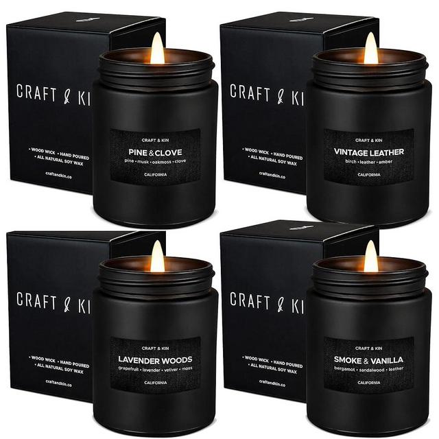 Craft & Kin Black Scented Candles Bundle | Wood & Vanilla,Lavender & Wood, Pine & Clove,Vintage Leather Scented Candles for Home | Soy Candles for Home Scented | Masculine Candle, Perfect Gift for Men