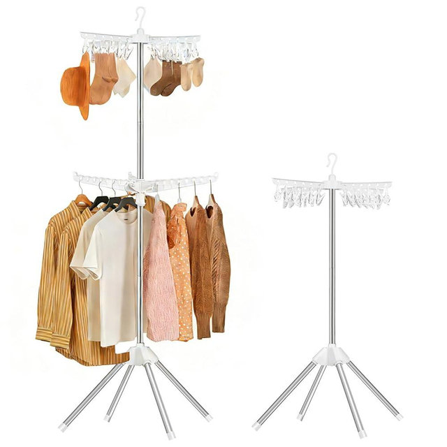 VewePata Foldable Clothes Drying Rack - 2 Tier Laundry Drying Rack, Portable Clothing Rack with Rotating Clothes Rail with 24 Clips and 3 Rotatable Arms, Suitable for Flats and Small Rooms