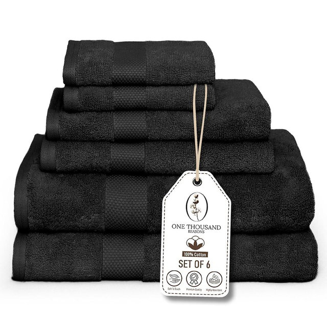 Premium Staple Cotton Bathroom Towel Set - Black 600 GSM 6-Piece Luxury Bath Towel Set 1 Stripe - 2 Bath Towels, 2 Hand Towels & 2 Washclothes Set - High Absorbent & Quick Dry for Gym, Spa, Hotel