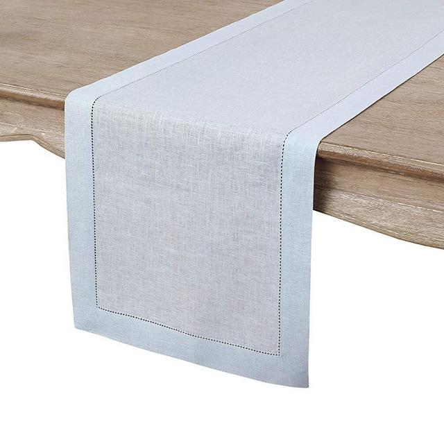Solino Home 100% Pure Linen Hemstitch Table Runner - 14 x 90 Inch, Handcrafted from European Flax, Machine Washable Classic Hemstitch - Light Blue