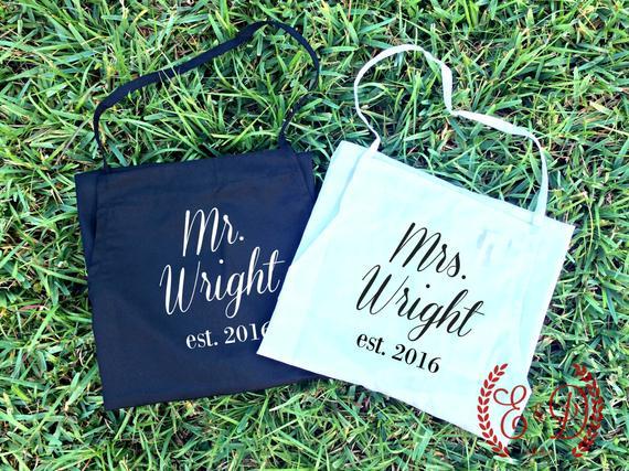 His and hers aprons, couples  Embroidered wedding apron SET of 2 Personalized Aprons "Mr"  & "Mrs" "Est." Wedding Shower Gift