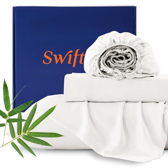 Swiftify 100% Organic Viscose Derived from Bamboo, 4-Piece Queen Bed Sheet Set, Ultra Soft & Luxuriously Cooling Sheets, Deep Pocket Fits 16" Mattress, Perfect for Hot Sleepers, White