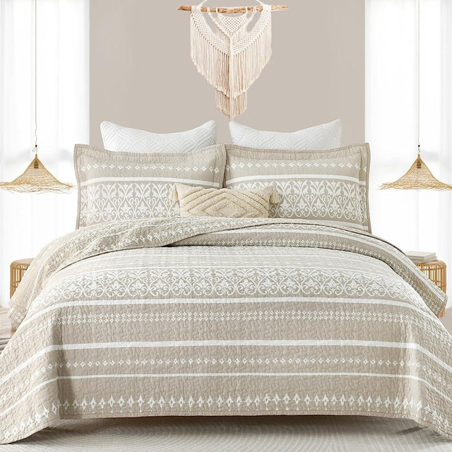 LORRIARD Quilt Set King - Beige Quilts King Size 100% Cotton Quilt Sets King Size Quilt Bedding Set Boho Bedspreads for King Bed Bohemian King Quilt Sets Beige Tan Quilt,3 Pieces