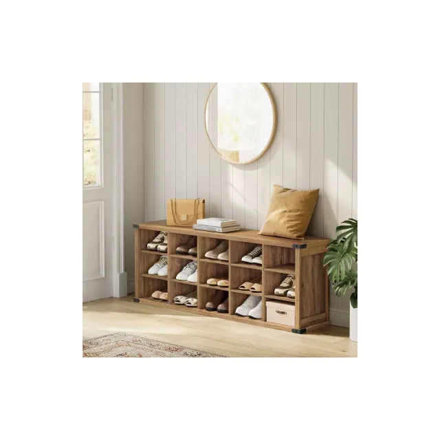 VASAGLE Shoe Bench, Shoe Storage Bench with 15 Compartments, Adjustable Shelves, Entryway Bench, Honey Brown