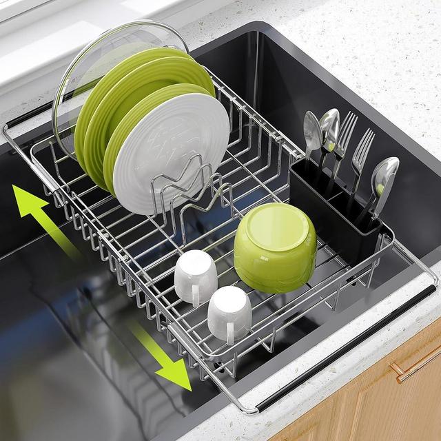JASIWAY Dish Drying Rack in Sink - Expandable Stainless Steel Dish Drainer for Kitchen Sink, Dish Strainer for Inside Sink, Over Sink Dish Rack with Utensil Holder, 11.8''W x 13.9''~17''L,Silver