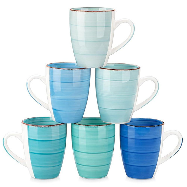 vancasso Bonita 16 Oz Large Coffee Mugs Set of 6, Ceramic Coffee Cups for Cappuccino, Latte, Tea, Cocoa, Blue
