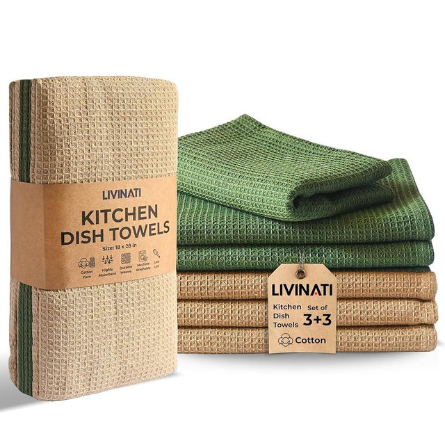 LIVINATI Highly Absorbent Cotton Dish Towels for Drying - Set of 3+3 - Sage Green + Beige Kitchen Towels - 18"X28" Lint Free Waffle Weave Cloth Linen Hand Bathroom Bulk Dishtowels