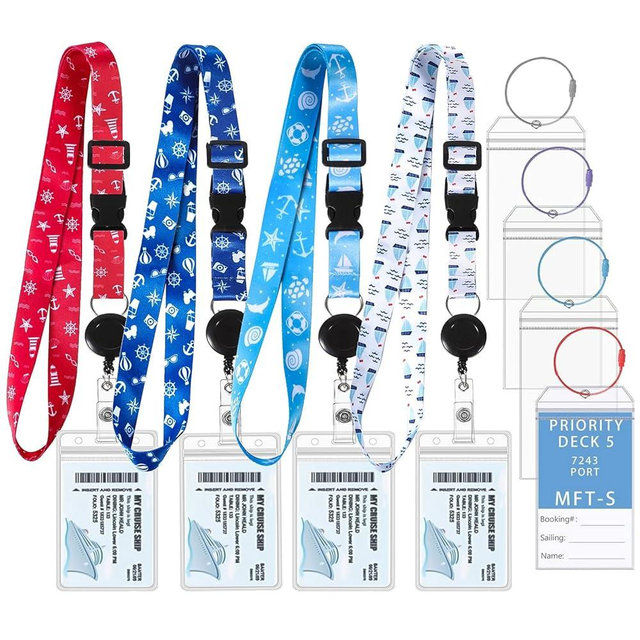 4 Pack Cruise Lanyard for Cruise Ship Cards, Retractable Cruise Lanyards with 4 Pcs Cruise Luggage Tags & Waterproof Id Badge Holder (Classic Style)