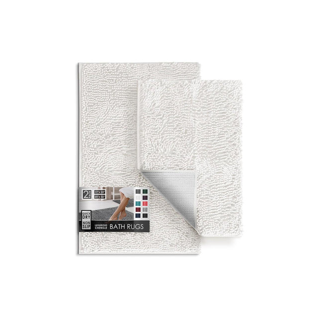 Hearth & Harbor Bathroom Rugs, 2 Piece Chenille Bath Mat Set - White Bath Rug, 17x24-20x32