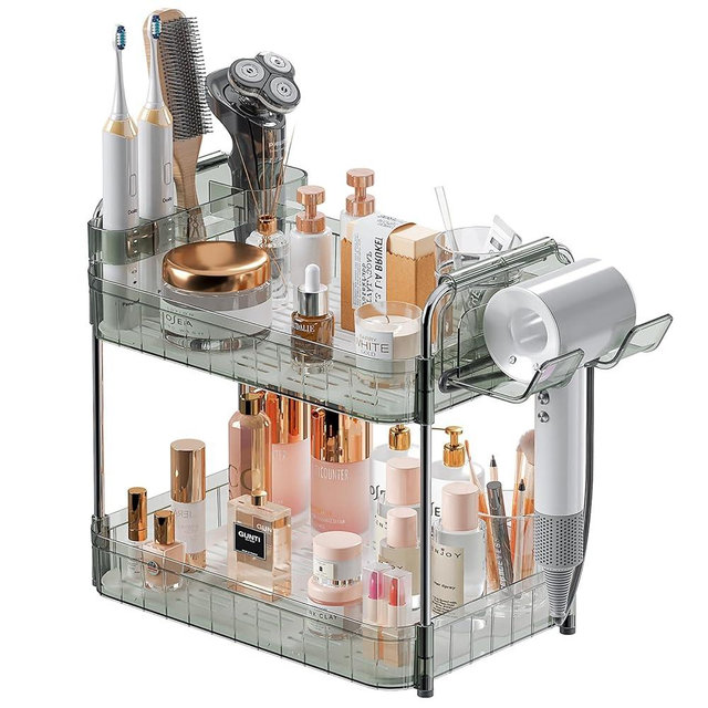 AmzAge Bathroom Counter Organizer, 2 Tier Makeup Skincare Storage Tray with Hair Dryer Holder and Toothbrush Rack, Perfume Organizer Vanity Shelf for Countertop, Dresser (Transparency Green)