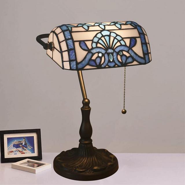 AIBOTY Tiffany Style Bankers Table Lamp Stained Glass Piano Desk Lamp Vintage Bedroom Bedside Lamp for Study,Antique Alloy Base,Zipper Switch,Blue Baroque