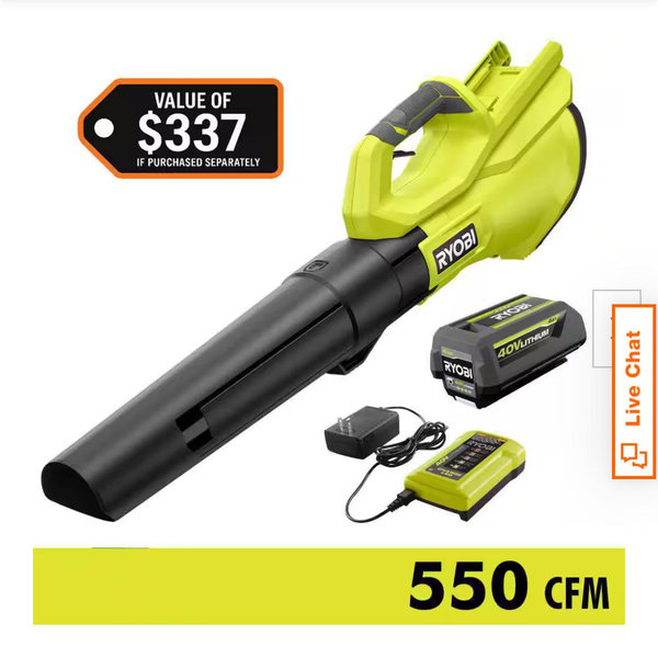 RYOBI 40V 120 MPH 550 CFM Cordless Battery Leaf Blower With 4.0 Ah Battery and Charger RY40LB01K