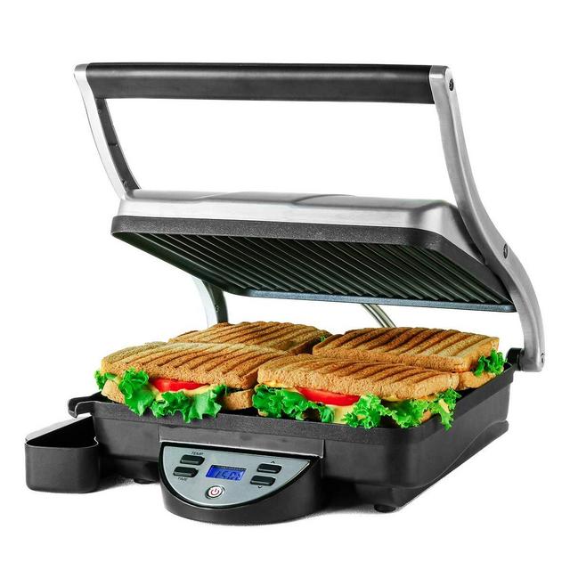 Ovente Electric Panini Press Grill 4 Slices Non-Stick Coated Plates with Digital LCD Display for Temperature Settings, 30 Minute Timer with Auto Shut-Off, Cool Touch Handle, Silver (GP1000BR)