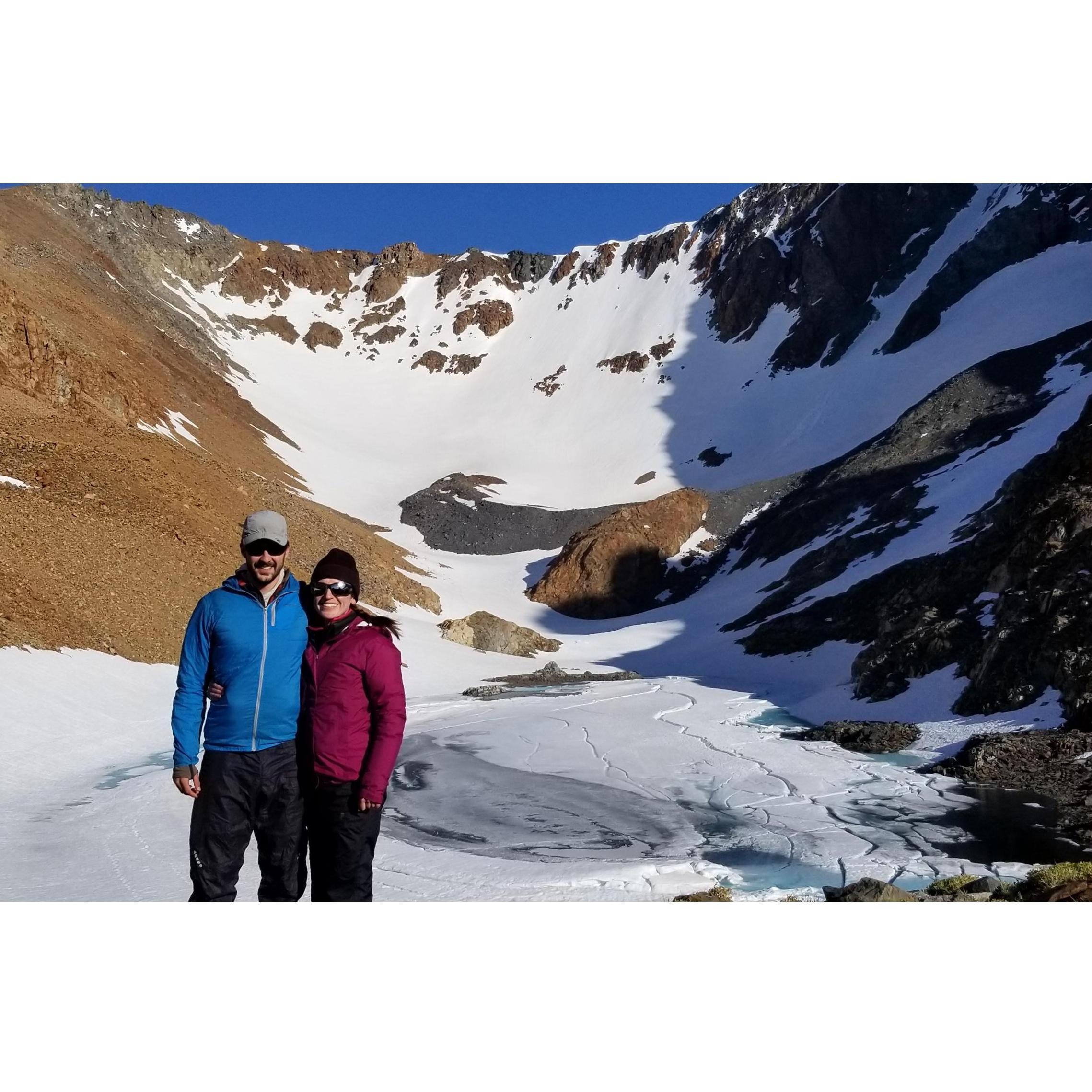 Andy took Charlotte on her first mountaineering trip, up the Dana Coulier (the snow chute going up to the right corner)